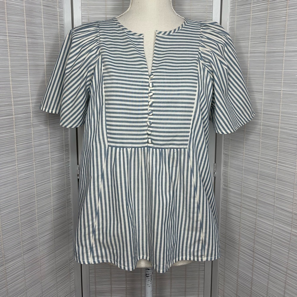 Madewell Top Courtyard Flutter Sleeve Blue Ivory Stripe V Neck Cotton Size XS